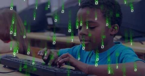 Male student typing on keys making green code overlay rising camera zooming Stock Footage 328583683