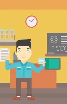 Male student using tablet computer in classroom 库存插图