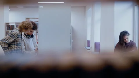 Male students looking for a book in the library Video stock 335128465