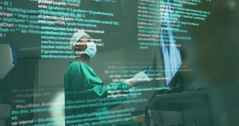 Male surgeon reacting to code overlay on monitor and adjusting scans Stock Footage 315528403
