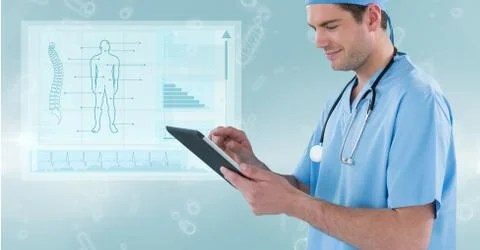 Male surgeon using digital tablet against medical diagram Stock Photos