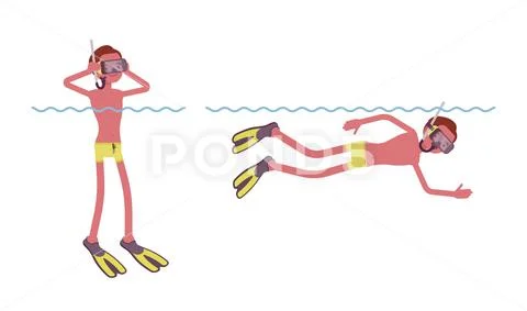 Male swimmer snorkeling under water set Stock Illustration