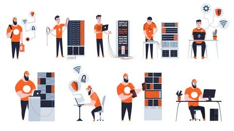 Male sysadmin work. Different situations of maintaining or repairing server Illustrazione stock