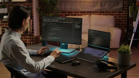 Male system hacker coding security program on pc software Stock Footage 196802241