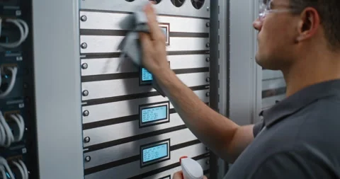 Male Systems Engineer Sanitizing Server Rack in Data Center Stock Footage 344881341