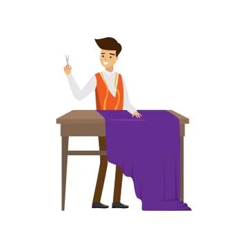 Male tailor standing at table with scissors in hand ready cut purple cloth Stock Illustration