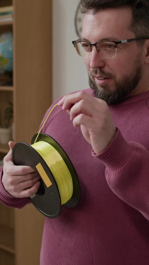 Male Teacher Explaining 3D Modeling While Holding Filament In Classroom Stock Footage 335695323