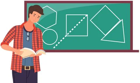 Male teacher explaining math, geometric shapes drawn in chalk on blackboard and Stock Illustration