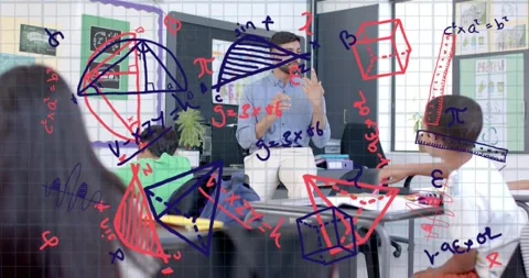 Male teacher gesturing, guiding class with transparent math overlay showing Stock Footage 332401532