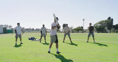 Male teammates practicing baseball on park field, with yellow bat, sports gear 動画素材 341931455