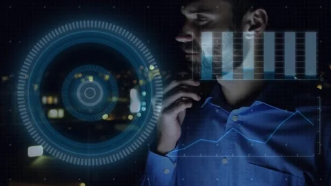 Male tech analyst standing by glass, tapping HUD and updating bar and line Stock Footage 322221006