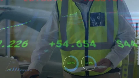 Male tech clicking mouse, checking clipboard and leaning to car in garage, HUD Stock Footage 333300938