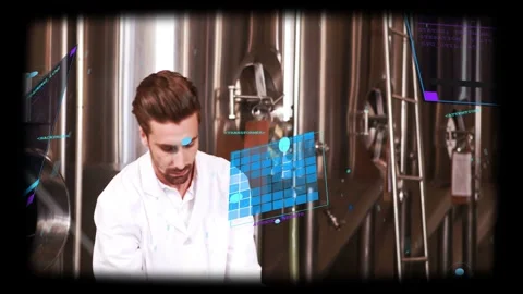 Male tech drawing sample from tank, rotating red flask with blue AR labeling for Stock Footage 333631640
