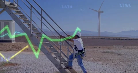 Male tech grabbing rail, climbing stairs harnessed, graphs overlaying, tracking Stock Footage 334316257