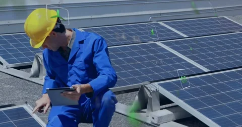 Male tech kneeling on rooftop solar, using tablet, tapping, logging data with AR Stock Footage 333963252