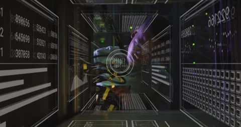 Male tech leaning into server rack, working cables as HUD centering on rack, Stock Footage 333833563
