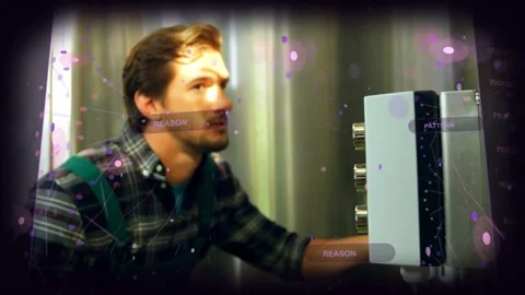 Male tech moving to panel inspecting and adjusting knobs tuning technology with 스톡 동영상 331701582