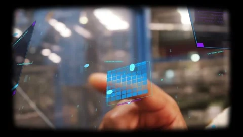 Male tech pressing green button, activating holo UI, sliding finger and Stock Footage 331820908