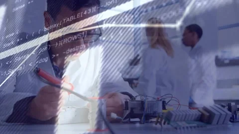 Male tech probing circuit at bench, starting test, line chart and code sweeping Stock Footage 330444164