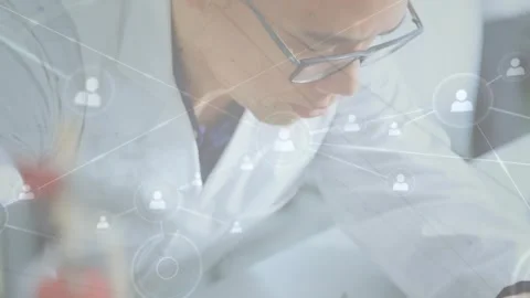 Male tech probing PCB on bench, testing parts while camera rising, network 스톡 동영상 330509072