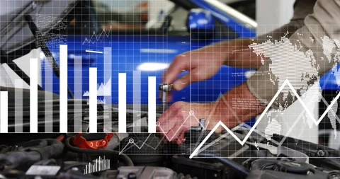 Male tech reaching in open auto engine bay, adjusting bolts as animated charts Video stock 330208638