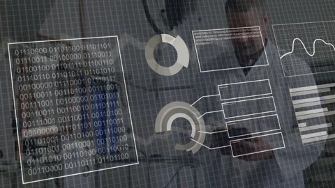 Male tech tapping phone, causing transparent HUD showing binary grid, rings and Stock Footage 332731693
