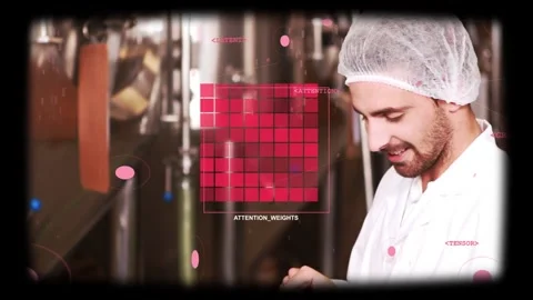 Male tech tapping tablet, activating ATTENTION_WEIGHTS grid and pink UI, Stock Footage 331736512