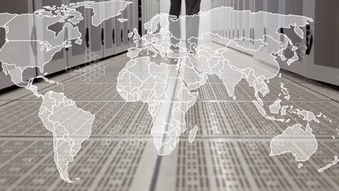 Male tech walking data center stepping onto floor tiles causing map overlay Vidéo 332804499
