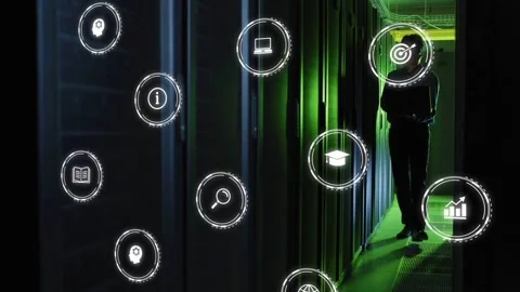 Male tech walking rack aisle opening laptop  and  monitoring servers as data Stock Footage 332566567