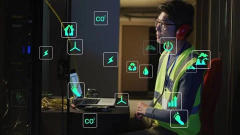 Male tech watching DC rack, typing on laptop as floating icons appearing leading Stock Footage 332566537