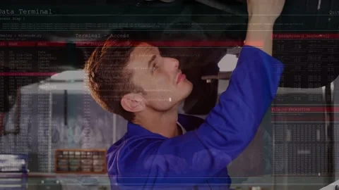 Male tech writing on clipboard causing terminal UI inspecting underside logging Stock Footage 331713512