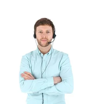 Male technical support operator with headset isolated on white Stock Photos