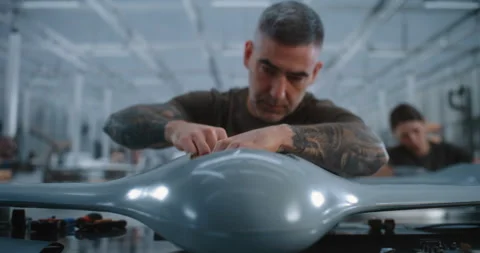 Male Technician Connecting Drone Electronics on High Tech Production Line With Stock Footage 345058671