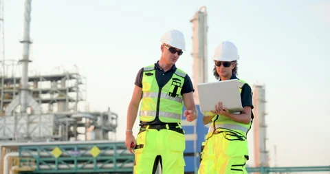 Male technician discusses refinery workflow while female engineer reviews laptop Stock Footage 335604147