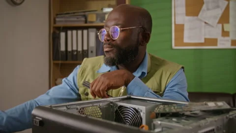 Male Technician Examining Desktop Computer Hardware Stock Footage 341429847