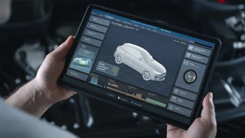 Male technician holds tablet with simulation of car diagnostics and aerodynamics Video stock 252632817