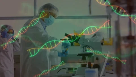 Male technician preparing sample, pipetting slide under scope, DNA helix Stock Footage 330380332