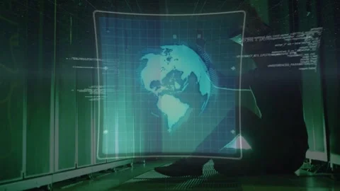 Male technician sitting in server corridor, racks emitting holo UI and globe, Stock Footage 332545294