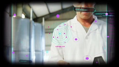 Male technician tapping tablet, recording QC data in processing plant, AR HUD 스톡 동영상 333396638