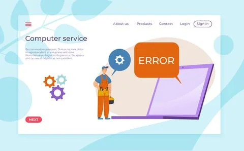 Male technician with tools next to computer screen showing error message Stock Illustration