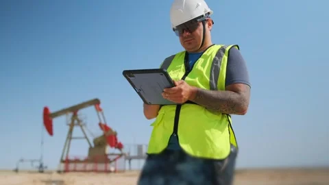 Male technician writing notes on tablet at petroleum site Stock Footage 317253220