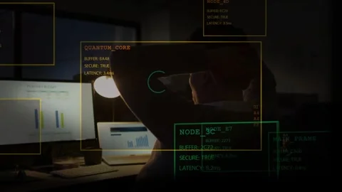 Male technology analyst adjusting pose as QUANTUM_CORE HUD expanding, monitoring Stock Footage 331833302