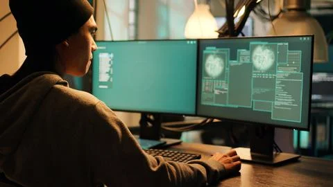 Male thief exploiting server vulnerability and breaking into firewall encryption 스톡 사진