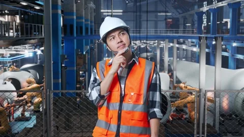 Male Thinking About Something And Looking Around In Factory of Wind Turbines Stock Footage 269716265