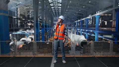Male Thinking About Something And Looking Around In Factory of Wind Turbines Stock Footage 269718989
