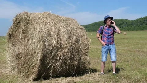 A male tourist is standing next to a haystack and talking on the phone Stock Footage 135457947