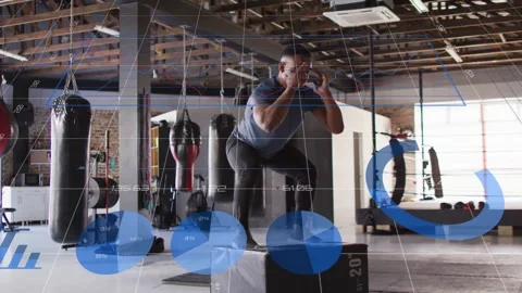 Male trainee shifting, repeating steps, stepping onto box, balancing as health Stock Footage 332981803