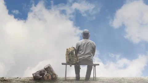 Male traveller with backpack sitting on a bench. Stock Footage 149376764