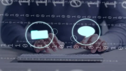 Male typing at desk, binary moving while typing spawning icons pulsing over keys Stock Footage 335652108