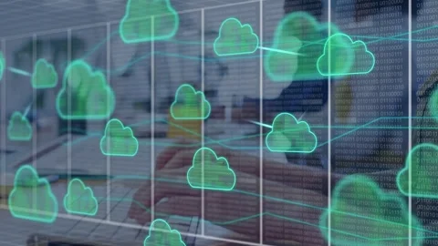 Male typist tapping keys in office, activating cloud icons and linking network Stock Footage 335282822